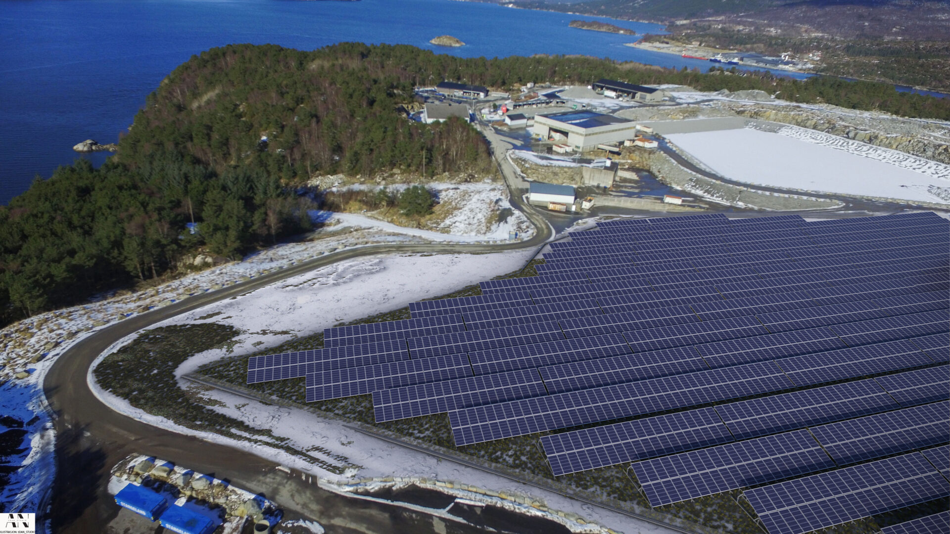 Bildet viser hvordan HIM Toraneset Solpark kan bli seende ut. Illustrasjon: 3D Bobak-Napora